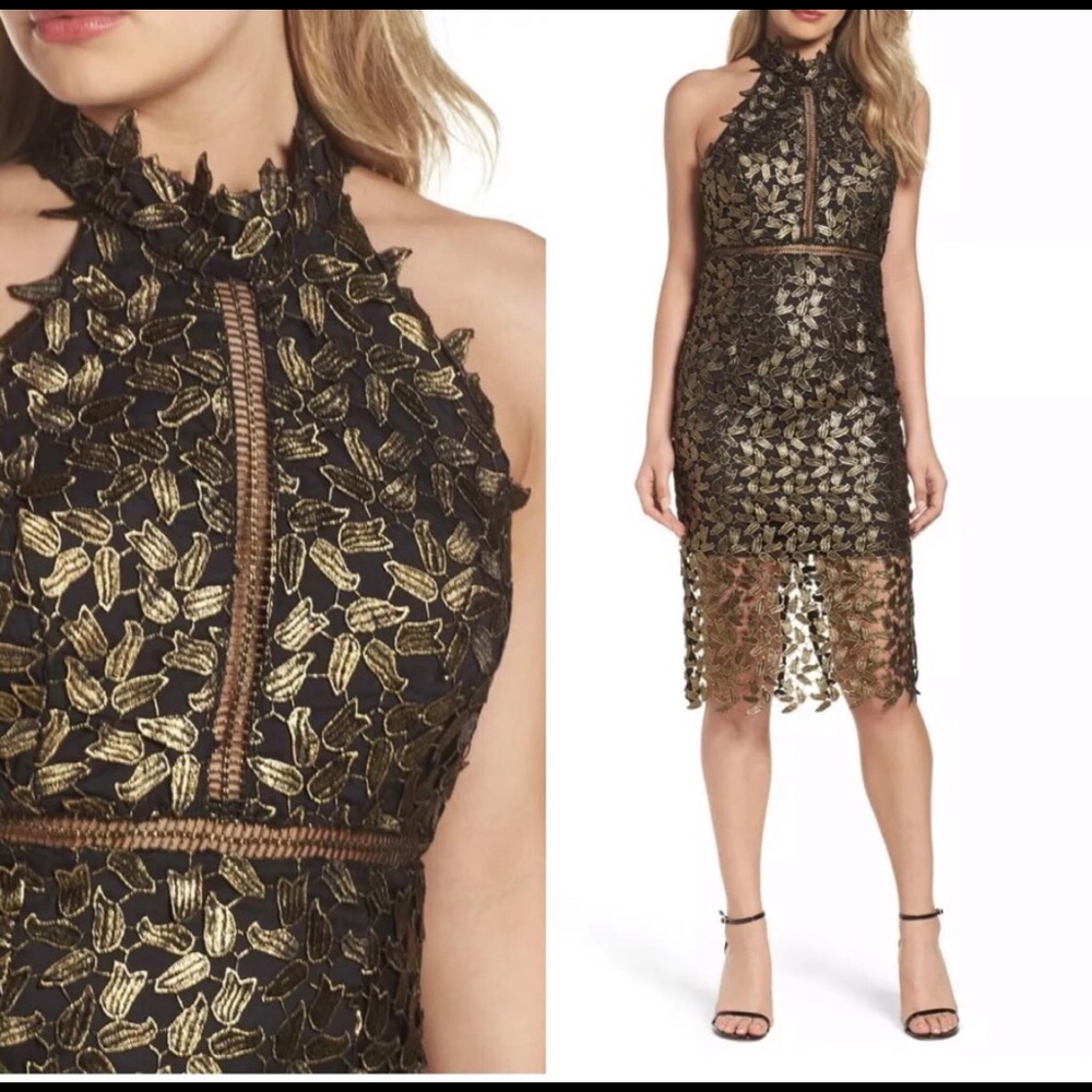 Bardot Black with Gold Leaf Lace Halter Dress 8